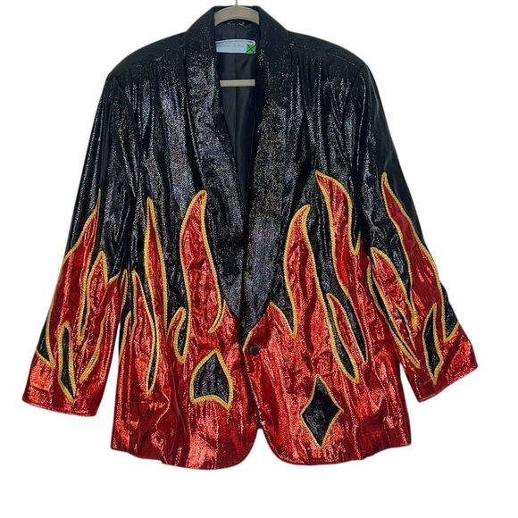 1980’s Custom Flame Fire Jacket  Rockabilly Glitter Blazer| Size 42 - Picture 1 of 10